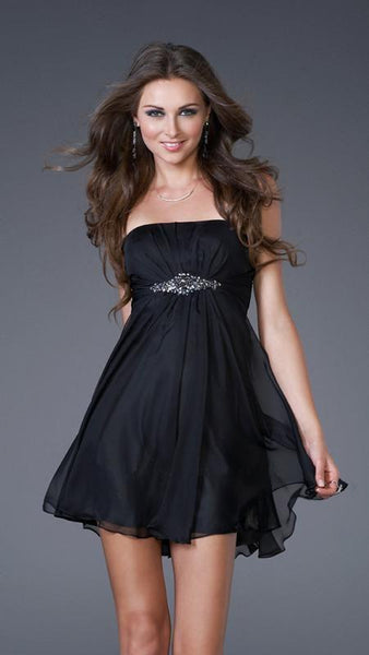A-line Strapless Chiffon Straight Neck Empire Waistline Cocktail Short Open-Back Beaded Jeweled Ruched Dress