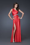 Natural Waistline Sheath Fall One Shoulder Slit Jeweled Open-Back Side Zipper Belted Glittering Asymmetric Sheath Dress