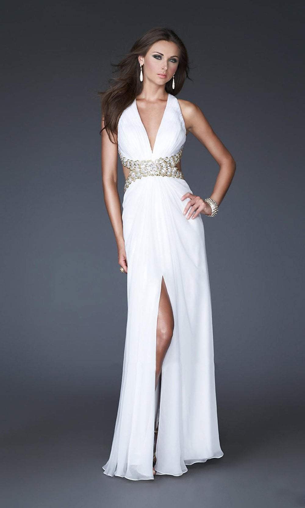 La Femme - 16100 Gold Strap Crisscross Back Halter Style Evening Gown
