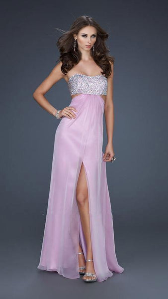 Sexy A-line Strapless Sweetheart Beaded Open-Back Slit Cutout Chiffon Empire Waistline Dress With a Bow(s)