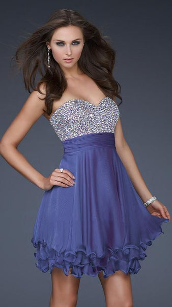 A-line Strapless Chiffon Jeweled Open-Back Ruched Sweetheart Empire Waistline Short Dress