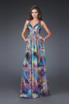 A-line V-neck Empire Waistline Sleeveless Open-Back Glittering Floor Length Evening Dress by La Femme