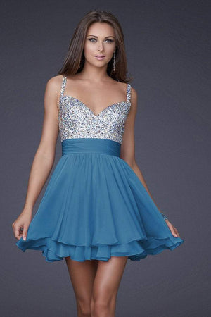 Bejeweled Short Chiffon Blue Party Dress