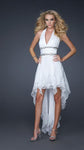 A-line V-neck Full-Skirt Halter Plunging Neck Chiffon Ruched Jeweled Open-Back Beaded Pleated Cocktail High-Low-Hem Natural Waistline Party Dress With Rhinestones