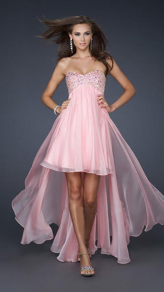 A-line Strapless Sweetheart Empire Waistline Chiffon High-Low-Hem Pleated Beaded Prom Dress