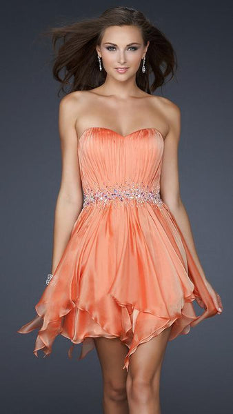 A-line Strapless Cocktail Short Pleated Beaded Open-Back Sweetheart Chiffon Natural Waistline Party Dress With Ruffles