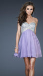 A-line Strapless Tulle Sweetheart Flutter Sleeves Empire Waistline Chevron Print Sequined Gathered Shirred Short Dress