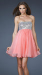 A-line Strapless Straight Neck Cocktail Short Empire Waistline Gathered Side Zipper Sequined Open-Back Beaded Chiffon Homecoming Dress