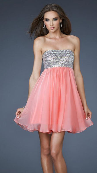 A-line Strapless Chiffon Cocktail Short Empire Waistline Straight Neck Side Zipper Gathered Beaded Sequined Open-Back Homecoming Dress