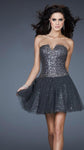 A-line Strapless Notched Collar Sweetheart Cocktail Short Open-Back Sequined Glittering Dropped Waistline Trim Tulle Dress With Rhinestones