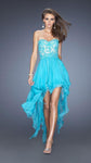 A-line Strapless Natural Waistline High-Low-Hem Short Mesh Applique Gathered Sheer Lace Sweetheart Dress