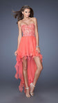 A-line Strapless Sweetheart Natural Waistline Applique Sheer Gathered Mesh High-Low-Hem Short Lace Dress
