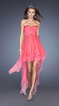 A-line Strapless Trim Natural Waistline Gathered Sheer Ruched Open-Back High-Low-Hem Sweetheart Dress With Rhinestones