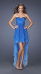A-line Strapless Natural Waistline Sweetheart Ruched Gathered Sheer Open-Back Trim High-Low-Hem Dress With Rhinestones