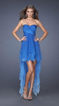 A-line Strapless High-Low-Hem Natural Waistline Ruched Gathered Sheer Open-Back Sweetheart Trim Dress With Rhinestones