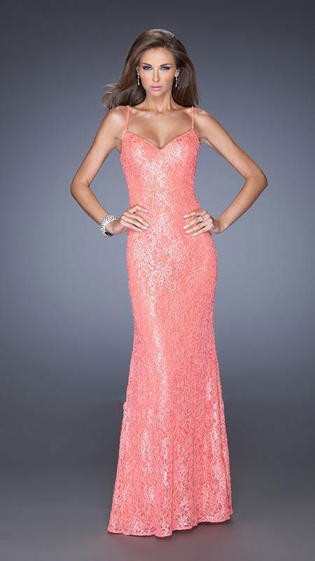 La Femme - 20431 Sequin and Lace Spaghetti Strap Evening Dress
