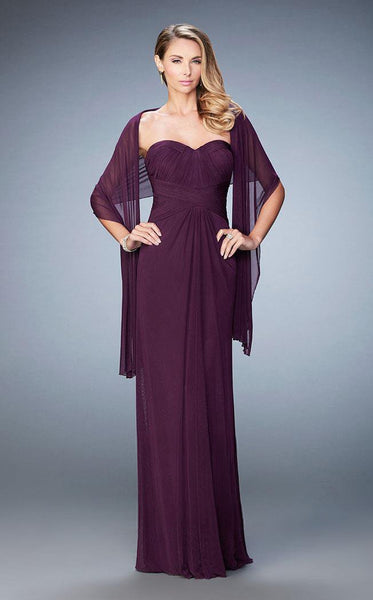 La Femme - 23023 Strapless Ruched Sheath Long Dress with Shawl