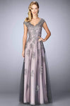 A-line V-neck Scalloped Trim Two-Toned Print Sheer Embroidered Applique V Back Back Zipper Cap Sleeves Floor Length Natural Waistline Evening Dress