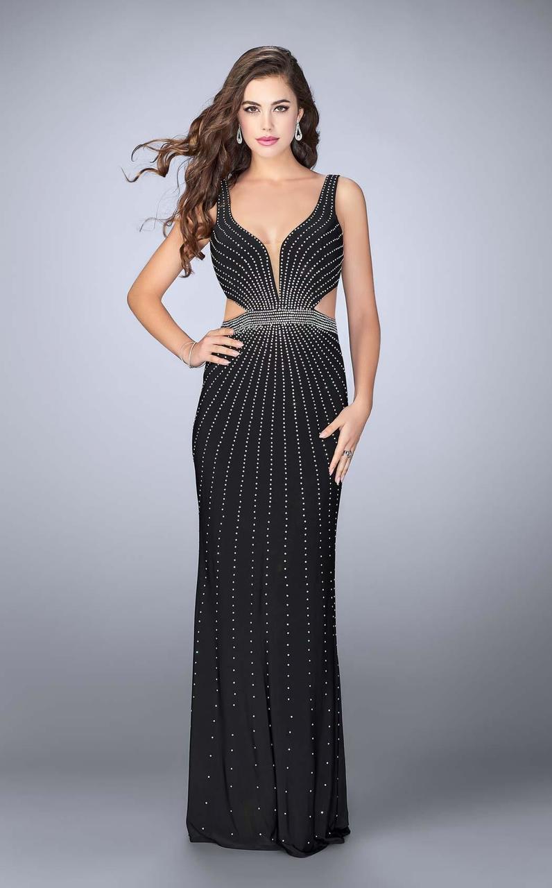 La Femme - 23586 Bejeweled Sleeveless V-neck Long Jersey Dress
