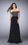 A-line Flutter Sleeves Off the Shoulder Beaded Jeweled Open-Back Chiffon Evening Dress by La Femme