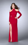 Jersey Fitted Slit Keyhole Open-Back Back Zipper Long Sleeves High-Neck Sheath Floor Length Sheath Dress/Evening Dress with a Brush/Sweep Train
