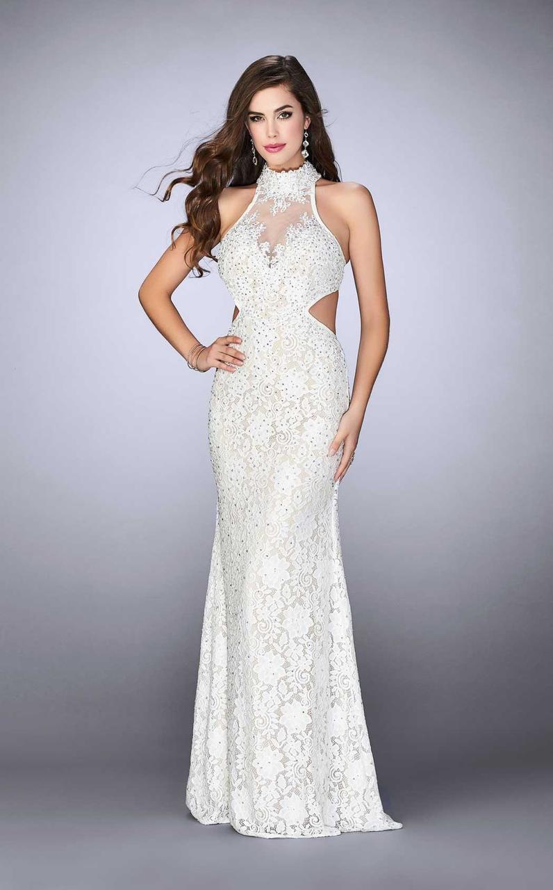 La Femme - 23732 Sleeveless Illusion High Halter Neck Laced Gown

