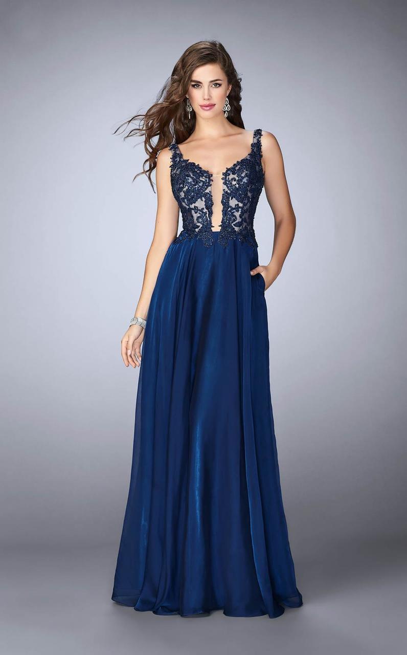 La Femme - 23802 Deep V Neck Illusion Lace Top Prom Gown
