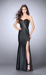 Sexy Strapless Sweetheart Faux-Leather Floor Length Lace-Up Cutout Back Zipper Asymmetric Slit Natural Waistline Dress