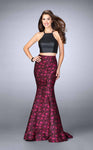 High-Neck Mermaid Leather Sleeveless Back Zipper Jacquard Floral Print Evening Dress