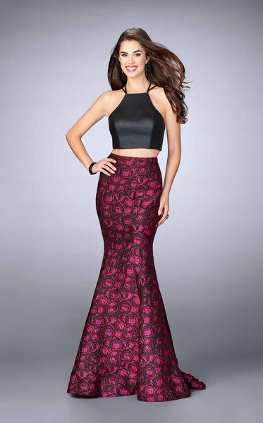 Floral Print Mermaid Leather High-Neck Jacquard Back Zipper Sleeveless Evening Dress