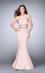 Belted Back Zipper Beaded Jersey Mermaid Natural Waistline Collared Halter Prom Dress