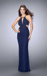 V-neck Halter Natural Waistline Beaded Cutout Back Zipper Prom Dress