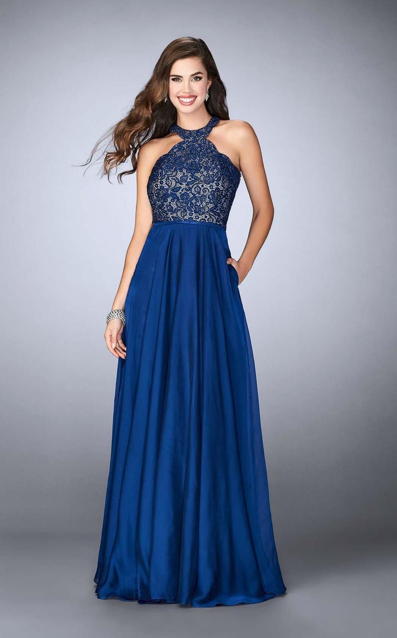 La Femme - 23975 Lace Detail Halter Top Chiffon Long Prom Dress
