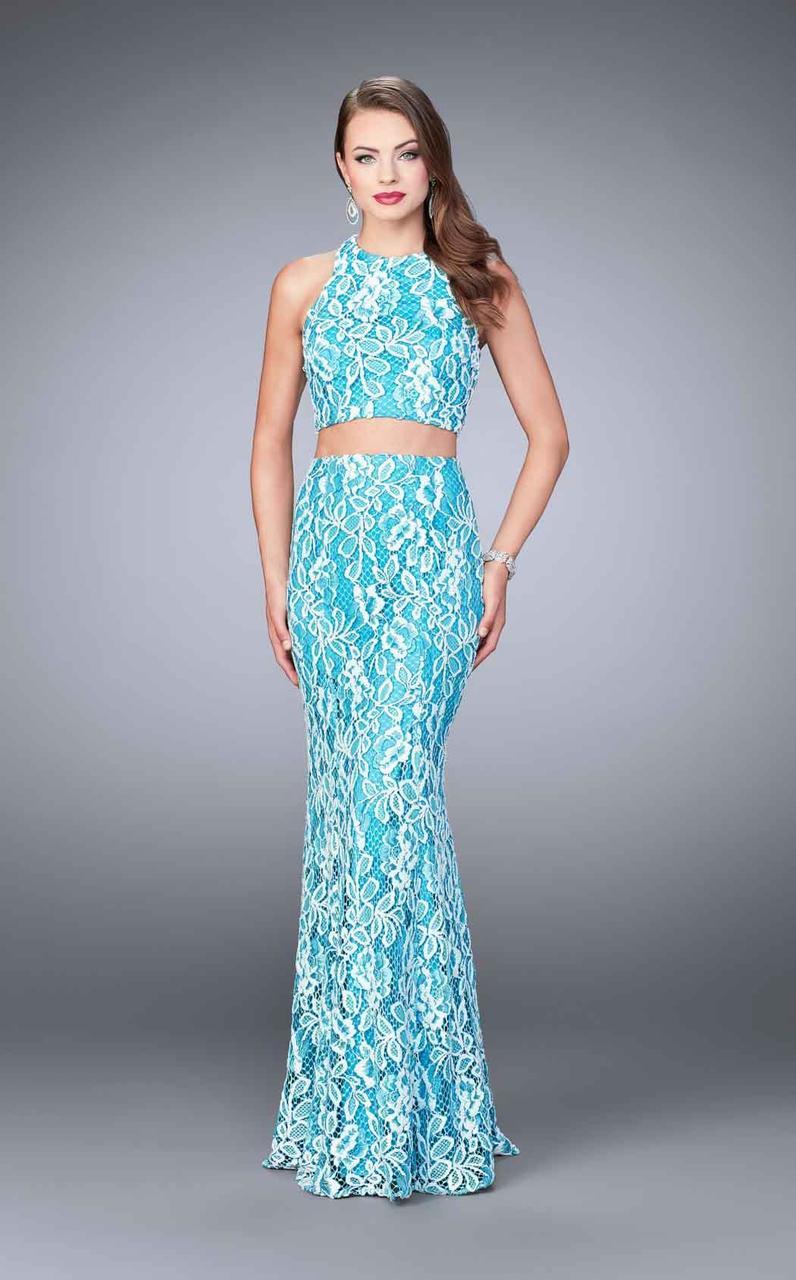 La Femme - 23976 Two-Piece Contrast Lace Sheath Long Evening Gown

