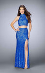 Floor Length Collared Halter High-Neck Lace Natural Waistline Slit Cutout Evening Dress/Prom Dress With Rhinestones