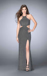 Back Zipper Cutout Slit Ruched Halter High-Neck Jersey Natural Waistline Prom Dress