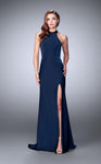 Sexy Jersey Floor Length Natural Waistline Slit Beaded Halter Prom Dress