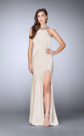 Sexy Slit Beaded Halter Natural Waistline Floor Length Jersey Prom Dress