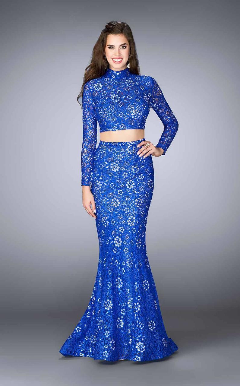 La Femme - 24013 Long Sleeve Turtleneck Crop Top Lace Overlay Long Prom Dress
