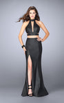 Sleeveless Leather Back Zipper Open-Back Slit Sheer Cutout Collared High-Neck Dress