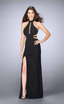 High-Neck Sleeveless Natural Waistline Belted Beaded Slit Back Zipper Cutout Keyhole Dress