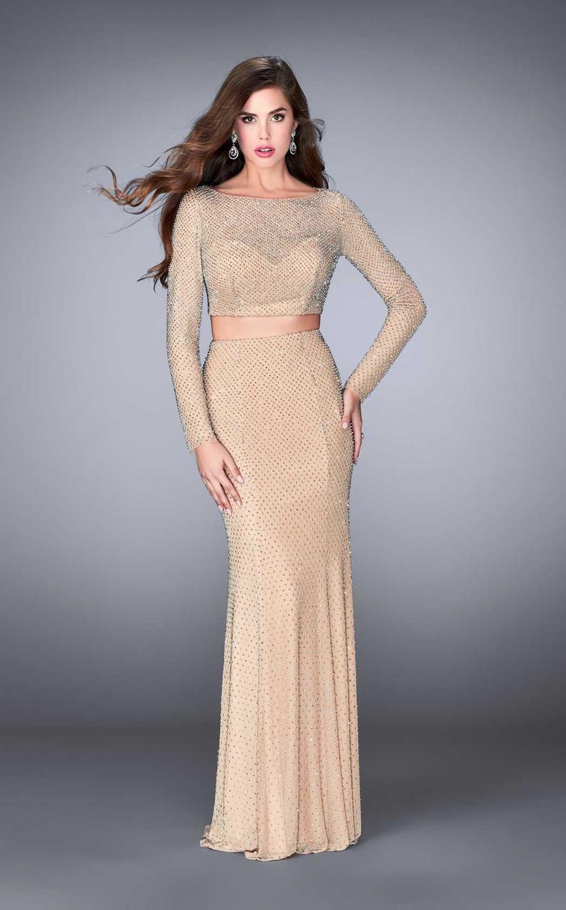 La Femme - 24175 Sparkling Long Sleeve Cropped Top Prom Dress
