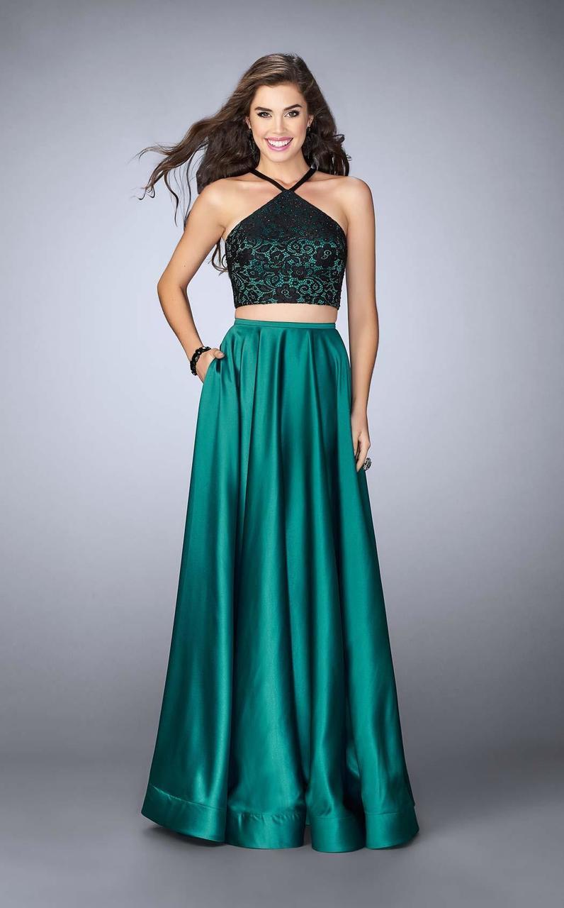 La Femme - 24264 Sleeveless Halter Neck Laced and Satin Two-piece A-line Dress
