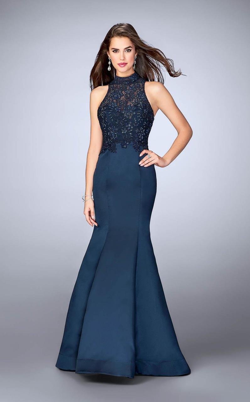 La Femme - 24271 Exquisite High Lace Illusion Long Mermaid Evening Gown
