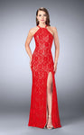 Halter Lace Floor Length Open-Back Back Zipper Slit Sheath Sheath Dress/Evening Dress with a Brush/Sweep Train