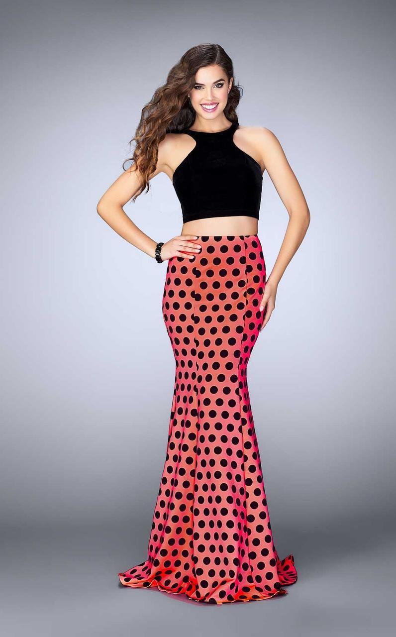 La Femme - 24297 Vivid Polka Dot Halter Mermaid Long Evening Gown
