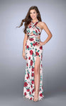 Natural Waistline Floor Length Satin Halter Draped Keyhole Open-Back Slit Back Zipper Cutout Ruched Sheath Floral Print Sheath Dress/Evening Dress with a Brush/Sweep Train