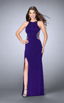 Jersey Halter Beaded Mesh Sheer Slit Floor Length Natural Waistline Prom Dress