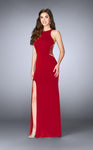 Jersey Floor Length Halter Sheer Beaded Slit Mesh Natural Waistline Prom Dress