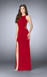 Floor Length Halter Natural Waistline Jersey Mesh Beaded Slit Sheer Prom Dress
